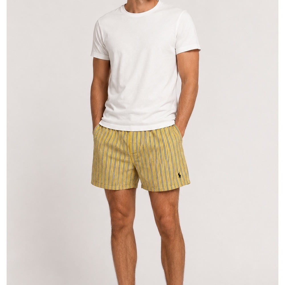 Polo Ralph Lauren Men Yellow Cotton Striped Boxer Lounge Shorts L Preppy Classic